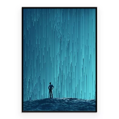 Poster Zeichnung eines Mannes, der im strömenden Regen spaziert