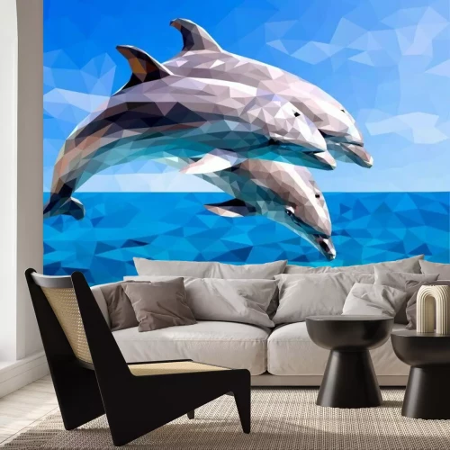 Sticker Delfine inmitten der Wellen in einer geometrischen Illustration