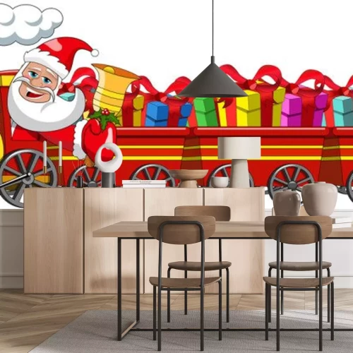 Sticker Cartoon Santa Claus Delivering Geschenke Treiber Dampflokomotive mit drei Wagen isoliert