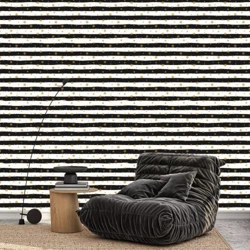 Tapete Muster mit schwarz-weißen Streifen und Schneeflocken