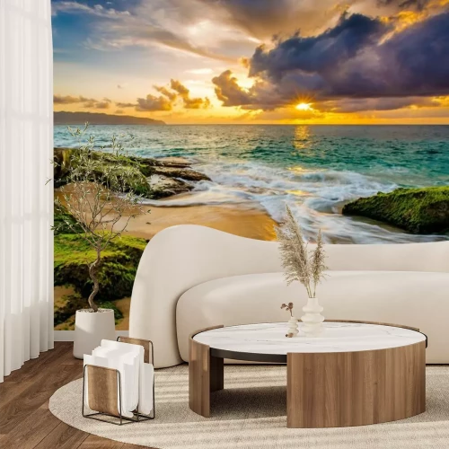 Fototapete Sonnenuntergang über dem Meer an einem hawaiianischen Strand