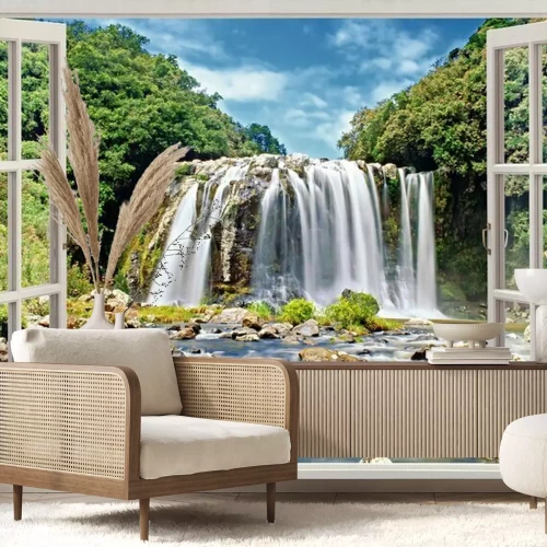 Fototapete Wasserfall im tropischen Wald Blick aus dem Fenster