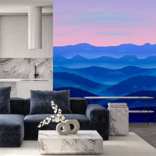 Sticker Panorama der Hügel. Sonnenuntergang. Nebel.