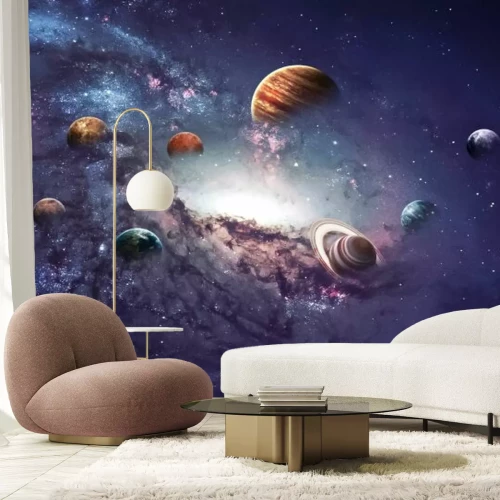 Fototapete Planeten und eine Galaxie vor Sternen und violettem Himmel