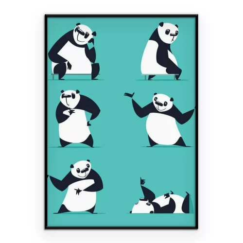 Poster Set von Panda in verschiedenen Posen. Sitzen, Träumen, Denken, Zeigen, Liegen, Einladen, Drehen. Jeder Panda ist in einer separaten Schicht.