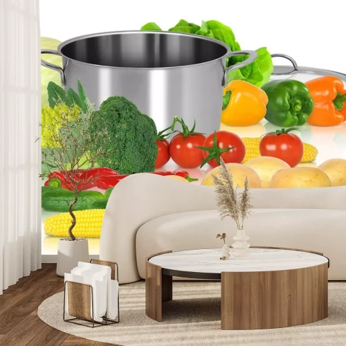 Sticker Gemüse und ein Topf auf einem Tisch liegend