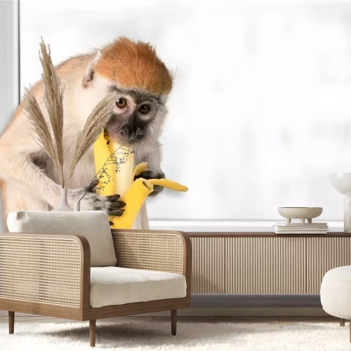 Sticker Affe isst eine Banane auf der Fensterbank