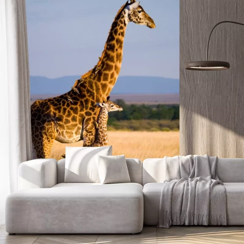 Sticker Mama und Baby Giraffe vor dem Hintergrund einer Landschaft