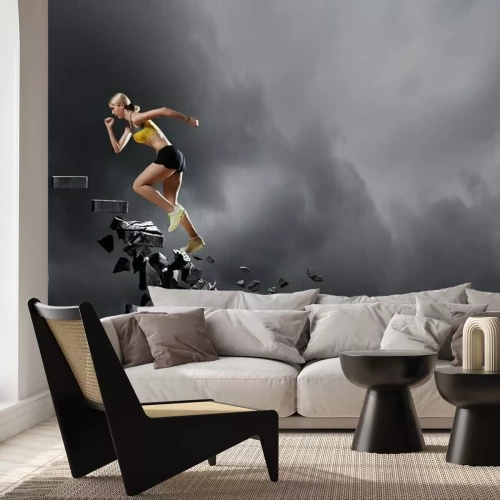 Fototapete Frau rennt bröckelnde Treppe hinauf