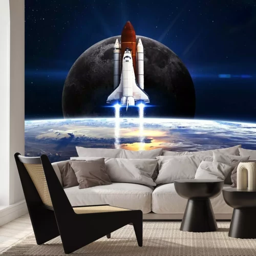 Fototapete Raumschiff mit dem Planeten Erde im Hintergrund