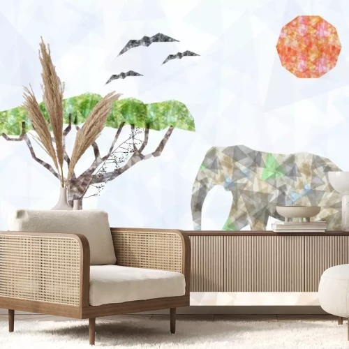 Sticker Geometrische Illustration mit einem Elefanten auf Safari