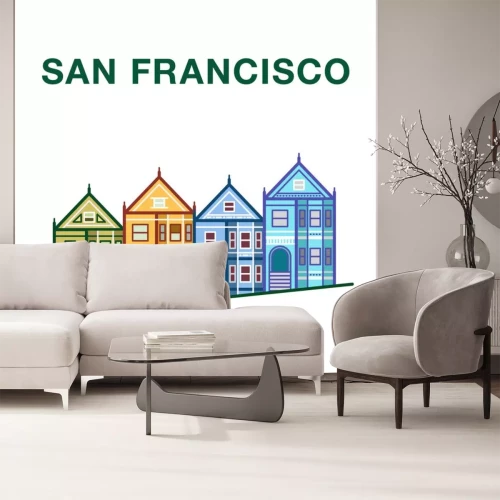 Sticker Bunte San Francisco Straße Illustration mit viktorianischen Häusern in Zeile Kunst Stil gemacht