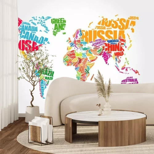 Fototapete Weltkarte mit bunten Inschriften