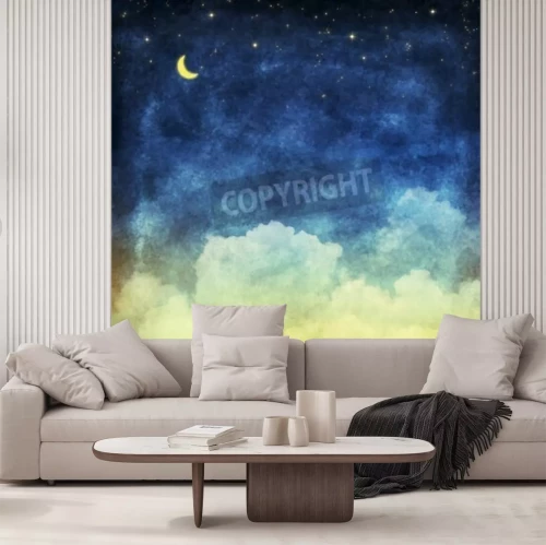 Fototapete Gezeichnete Wolken und Mond mit Sternen