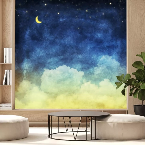 Fototapete Gezeichnete Wolken und Mond mit Sternen