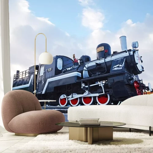 Sticker Ulan-Bator, Mongolei-Dez, 02 2015: Dampflokomotive Reihe T-159. Museum der Eisenbahnausrüstung in Ulaanbaatar. Mongolei