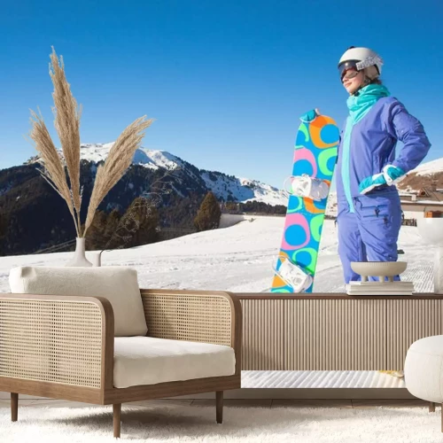 Sticker Porträt eines Snowboarders auf der Spitze der Dolomiten