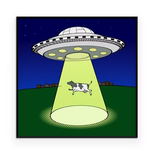 Poster Eine Zeichentrickkuh wird von einem UFO entführt
