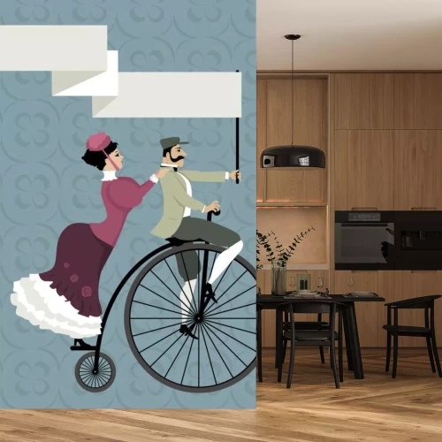 Sticker Viktorianischen Alter Paar Reiten ein Penny-Farthing-Fahrrad, mit einem leeren Banner über den Kopf, EPS 8 Vektor-Illustration, keine Transparentfolien