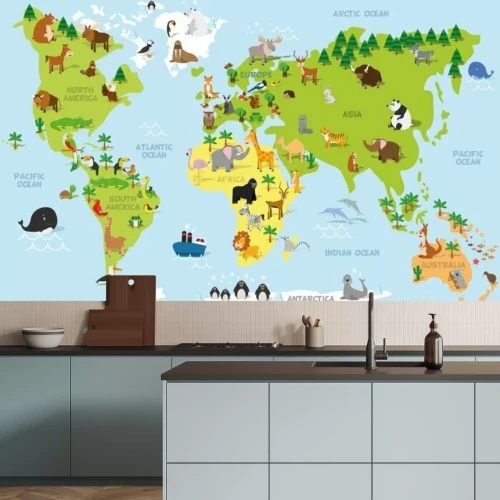 Fototapete Cartoon-Weltkarte mit Tieren der Kontinente