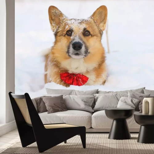 Sticker Hund Familienmitglied mit leuchtend roter Fliege und Schnee