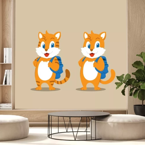 Sticker Katze für Kinder mit blauem Rucksack auf zwei Pfoten stehend