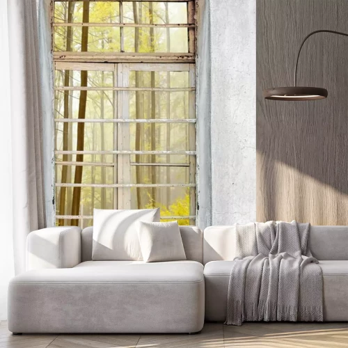 Fototapete Blick durch ein Fenster auf einen Wald