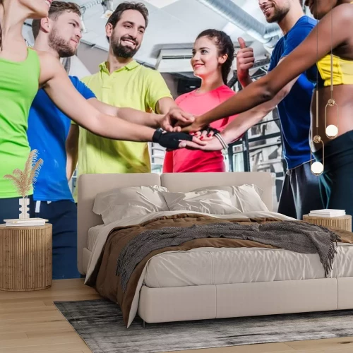 Sticker Frauen und Männer sind motiviert für Sport und Eignung und stapeln die Hände