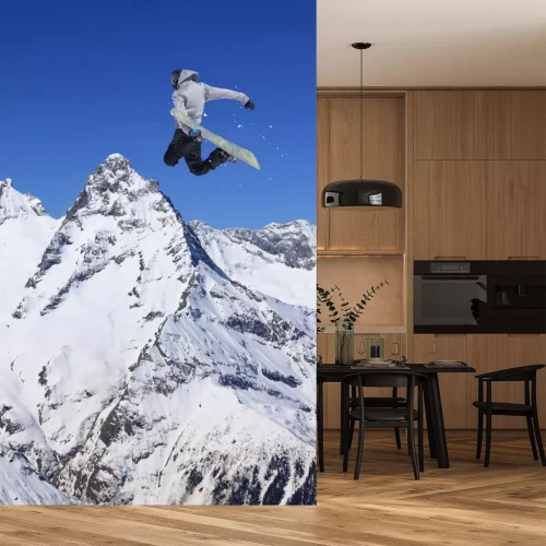 Sticker Fliegen Snowboarder auf Berge. Extremsport.