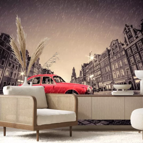 Sticker Retro rotes Auto auf Kopfstein historische Altstadt im Regen. Wroclaw, Polen.