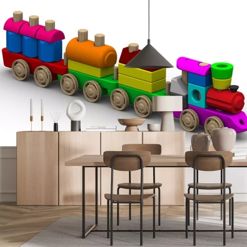 Sticker Bunte Holzspielzeug Zug auf einer weißen Fläche. Isoliert