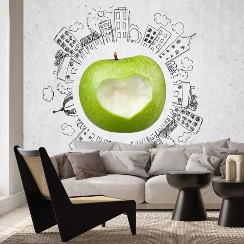 Sticker Grüner Apfel umgeben von Gebäuden