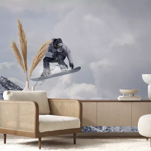 Sticker Fliegen Snowboarder auf Berge. Extremsport.