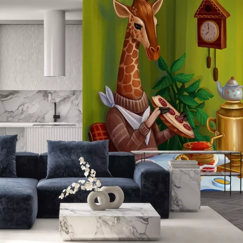 Sticker Märchenhafte Illustration mit Giraffe am Tisch