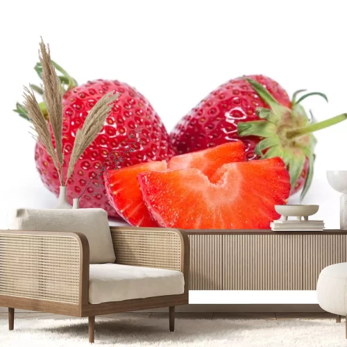 Sticker Frische ganze und in Scheiben geschnittene Erdbeeren