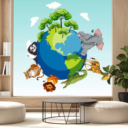 Sticker Planeten 3D Erde voll von Tieren Grafik