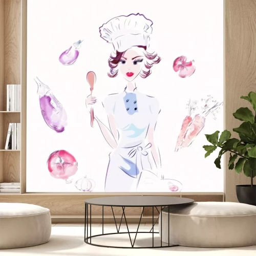 Sticker Köchin in einer Schürze umgeben von Gemüse