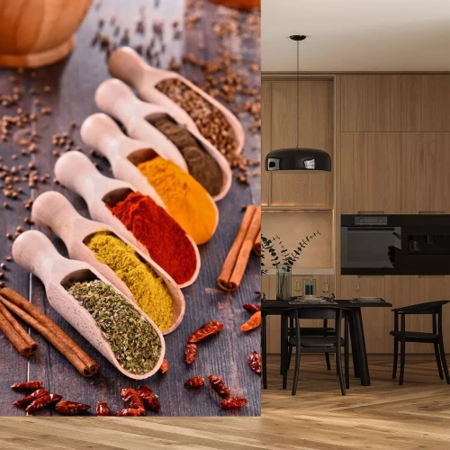 Sticker Retro-Gewürze auf einem Holztisch