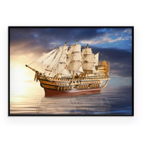 Poster Ein Segelboot vor dem Hintergrund eines goldenen Sonnenuntergangs