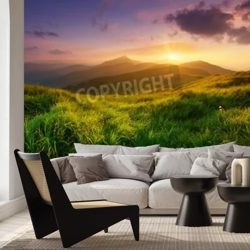 Fototapete Grasfeld und Berge bei Sonnenuntergang