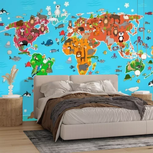 Fototapete Märchenhafte Tiere auf einer Weltkarte