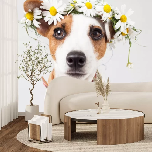 Sticker Hunde Porträt eines Hundes mit einem Kranz aus Gänseblümchen auf dem Kopf