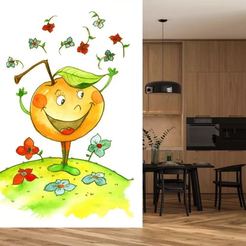 Sticker Lächelnder Apfel inmitten von Blumen