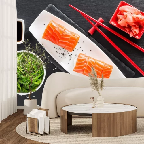 Sticker Sushi Zusammensetzung auf einem schwarzen Hintergrund