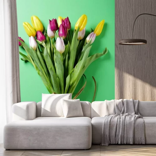 Sticker Tulpen in einem Blumenstrauß auf grünem Hintergrund