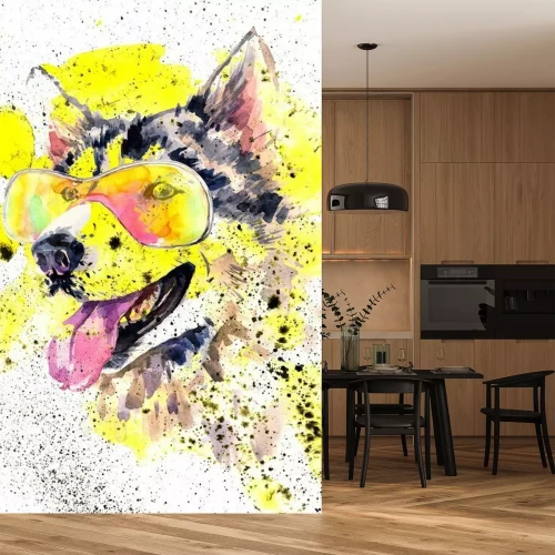 Sticker Aquarell siberian Husky-Hund in Gläser und gelbe Spritzer