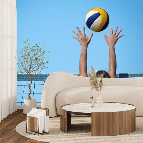 Sticker Beach-Volleyball-Spieler springt auf dem Netz und versucht, den Ball zu blockieren