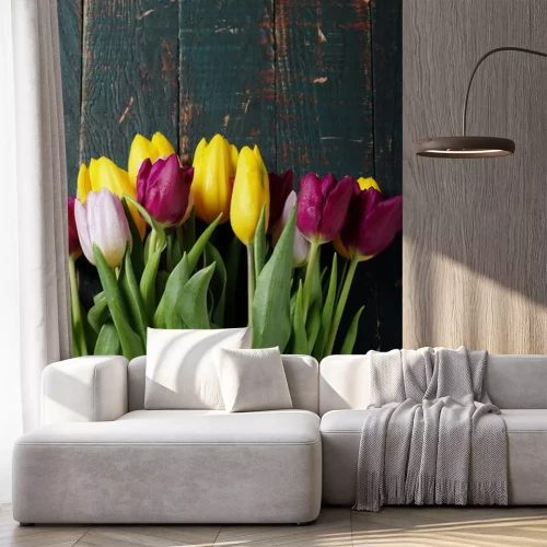 Sticker Tulpen auf dunkelgrünen Brettern