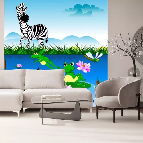 Sticker Zebra an einem Teich mit Fröschen