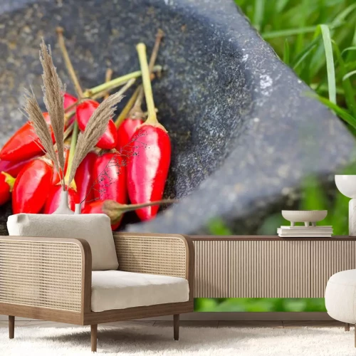 Sticker Scharfe Paprikaschoten in einer Steinschale